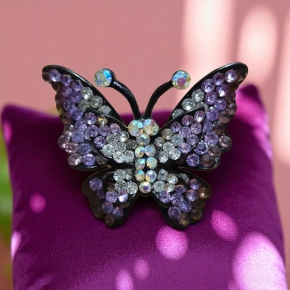 Purple Rhinestone Black Silver Tone Butterfly Ring Size 7 Adjustedble - Picture 17 of 17